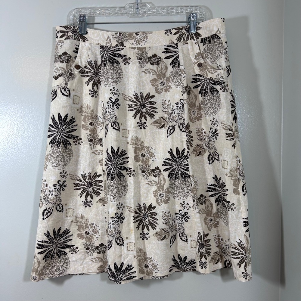 Christopher & Banks Floral Linen Blend Skirt Cream Brown Pockets Size 14